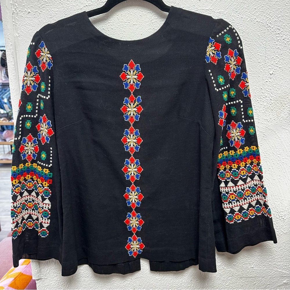 Vintage black linen Romanian embroidered blouse
